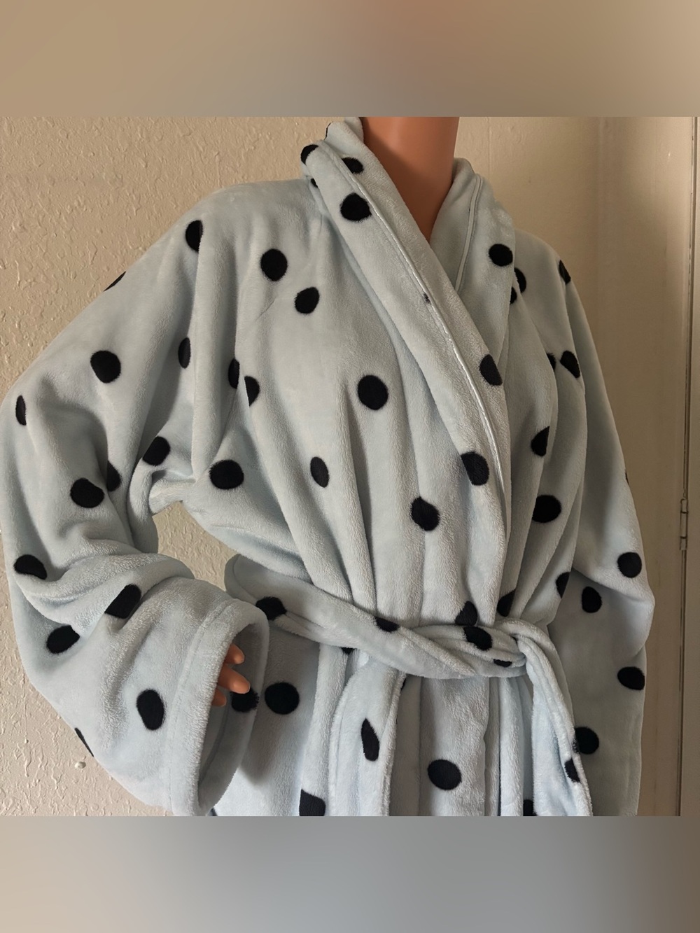 Victoria Secret Polka Dot Plush Bathrobe - Light Blue with Black Dots